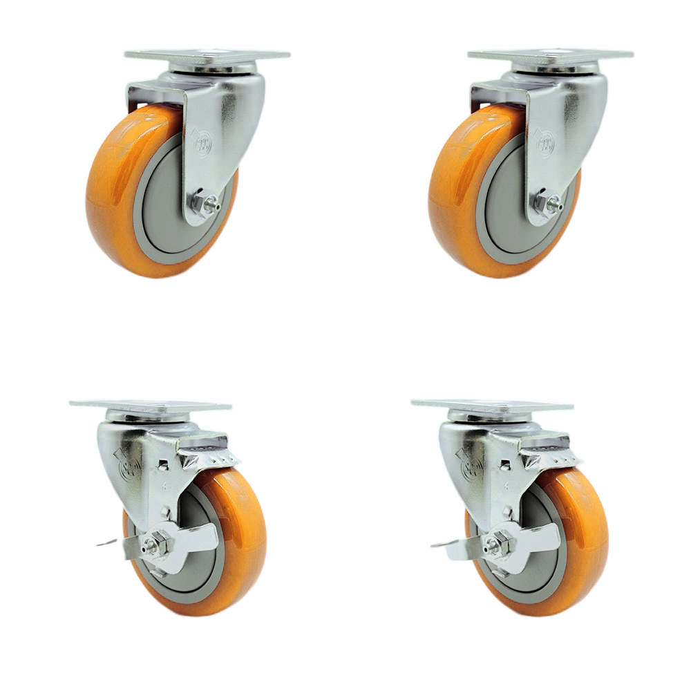 Stainless Steel Polyurethane Swivel Top Plate Caster Set of 4 w/4" x 1.25" Yellow Wheels - Includes 2 Swivel with Top Locking Brakes & 2 Swivel - 1400 lbs Total Capacity - Service Caster Brand — photo 1