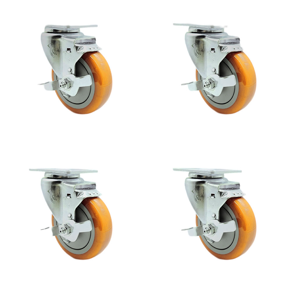 Stainless Steel Polyurethane Swivel Top Plate Caster Set of 4 w/4" x 1.25" Yellow Wheels - Includes 4 Swivel with Top Lock Brakes - 1400 lbs Total Capacity - Service Caster Brand — photo 1