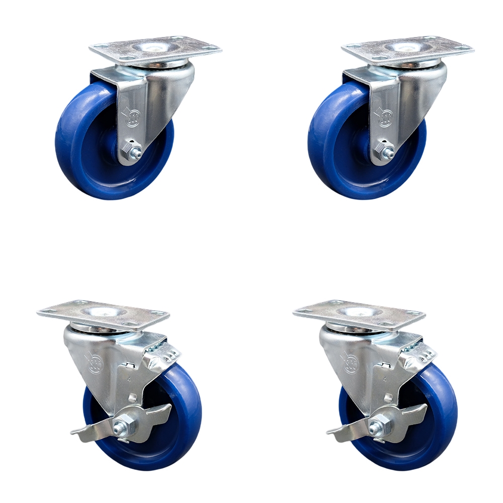 Stainless Steel Solid Polyurethane Swivel Top Plate Caster Set of 4 w/4" x 1.25" Blue Wheels - Includes 2 Swivel with Top Locking Brakes & 2 Swivel - 1200 lbs Total Capacity - Service Caster Brand — photo 1