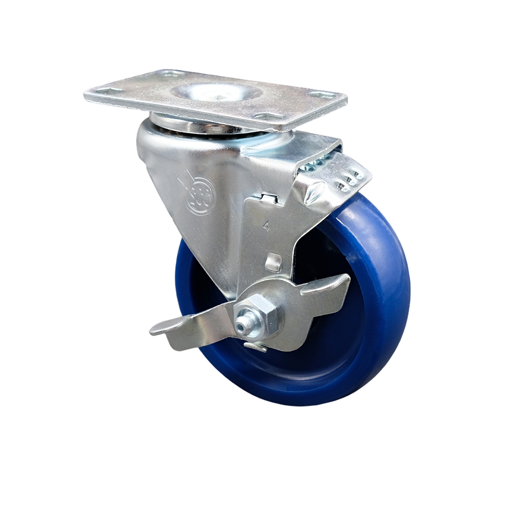 Stainless Steel Solid Polyurethane Swivel Top Plate Swivel Caster w/4" x 1.25" Blue Wheel & Top Locking Brake - 300 lbs Capacity/Caster - Service Caster Brand — photo 1