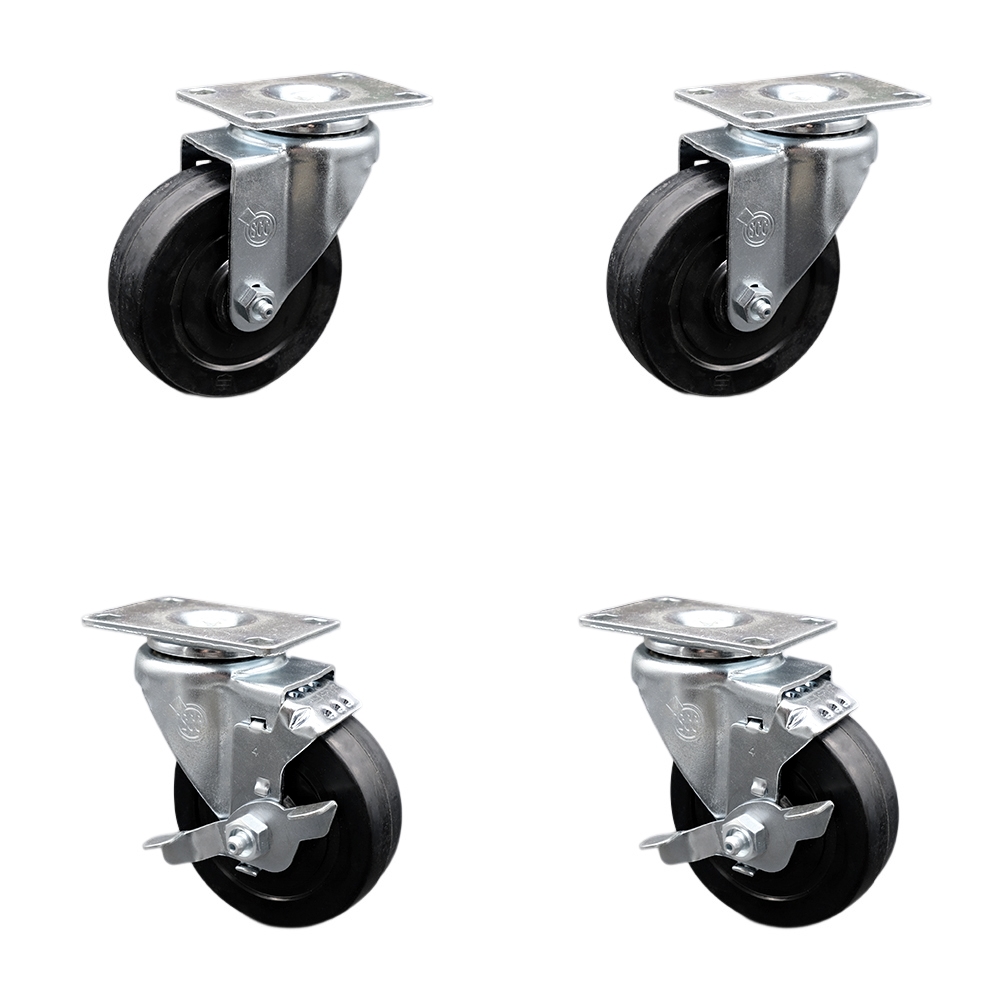 Stainless Steel Soft Rubber Swivel Top Plate Caster Set of 4 w/4" x 1.25" Black Wheels - Includes 2 Swivel with Top Locking Brakes & 2 Swivel - 800 lbs Total Capacity - Service Caster Brand — photo 1