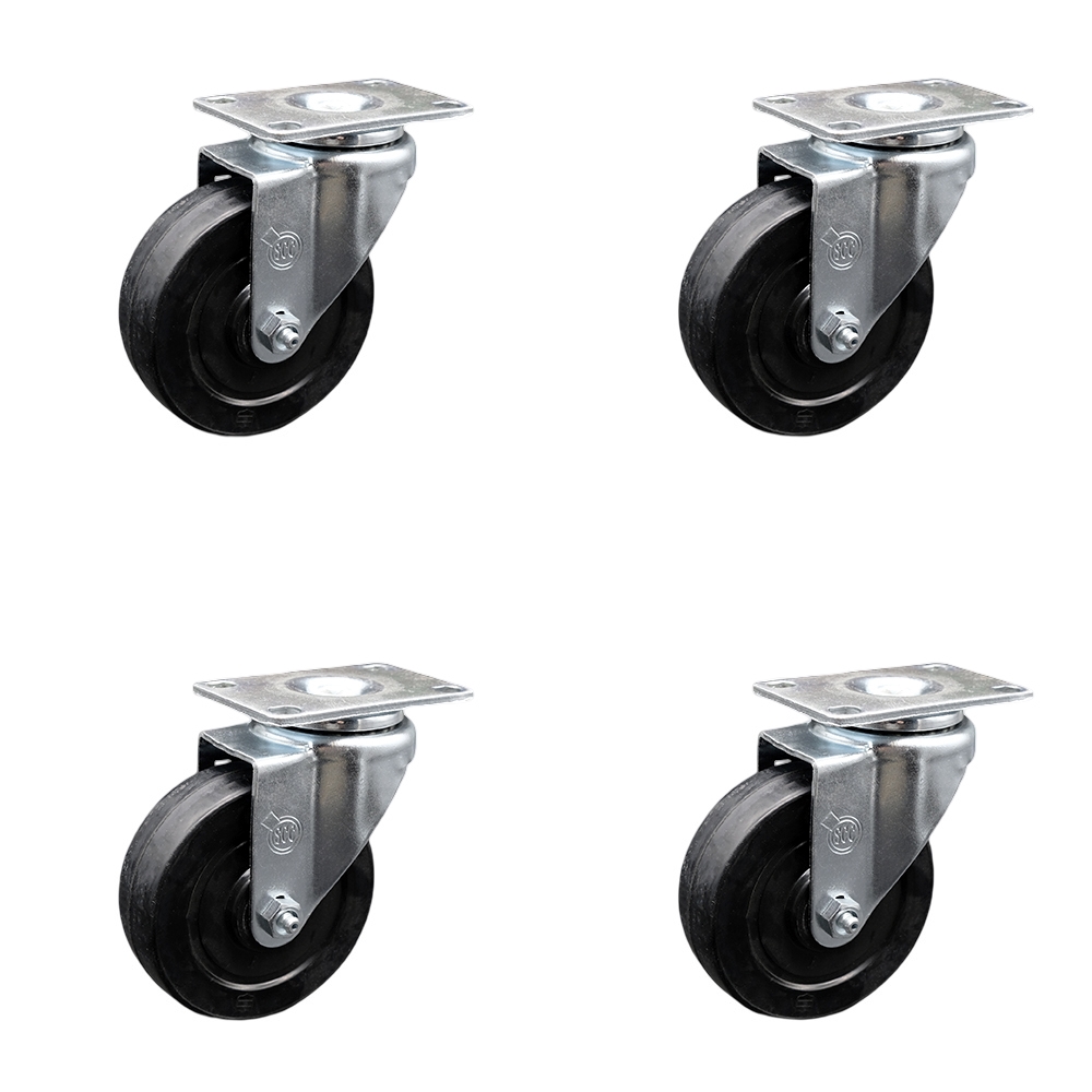 Stainless Steel Soft Rubber Swivel Top Plate Caster Set of 4 w/4" x 1.25" Black Wheels - Includes 4 Swivel - 800 lbs Total Capacity - Service Caster Brand — photo 1