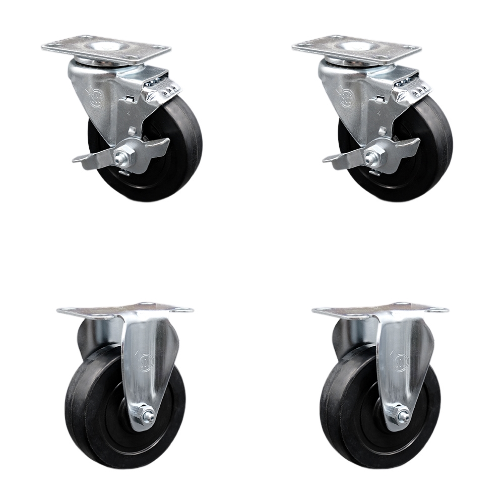 Stainless Steel Soft Rubber Swivel Top Plate Caster Set of 4 w/4" x 1.25" Black Wheels - Includes 2 Swivel with Top Locking Brakes & 2 Rigid - 800 lbs Total Capacity - Service Caster Brand — photo 1