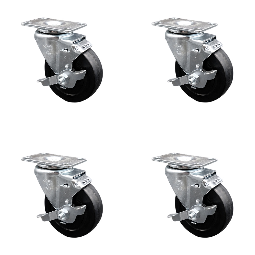 Stainless Steel Soft Rubber Swivel Top Plate Caster Set of 4 w/4" x 1.25" Black Wheels - Includes 4 Swivel with Top Lock Brakes - 800 lbs Total Capacity - Service Caster Brand — photo 1