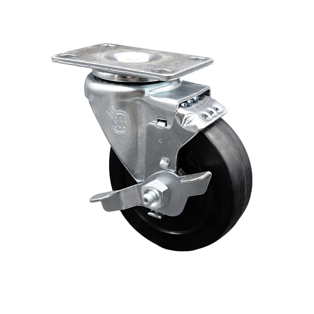 Stainless Steel Soft Rubber Swivel Top Plate Swivel Caster w/4" x 1.25" Black Wheel & Top Locking Brake - 200 lbs Capacity/Caster - Service Caster Brand — photo 1