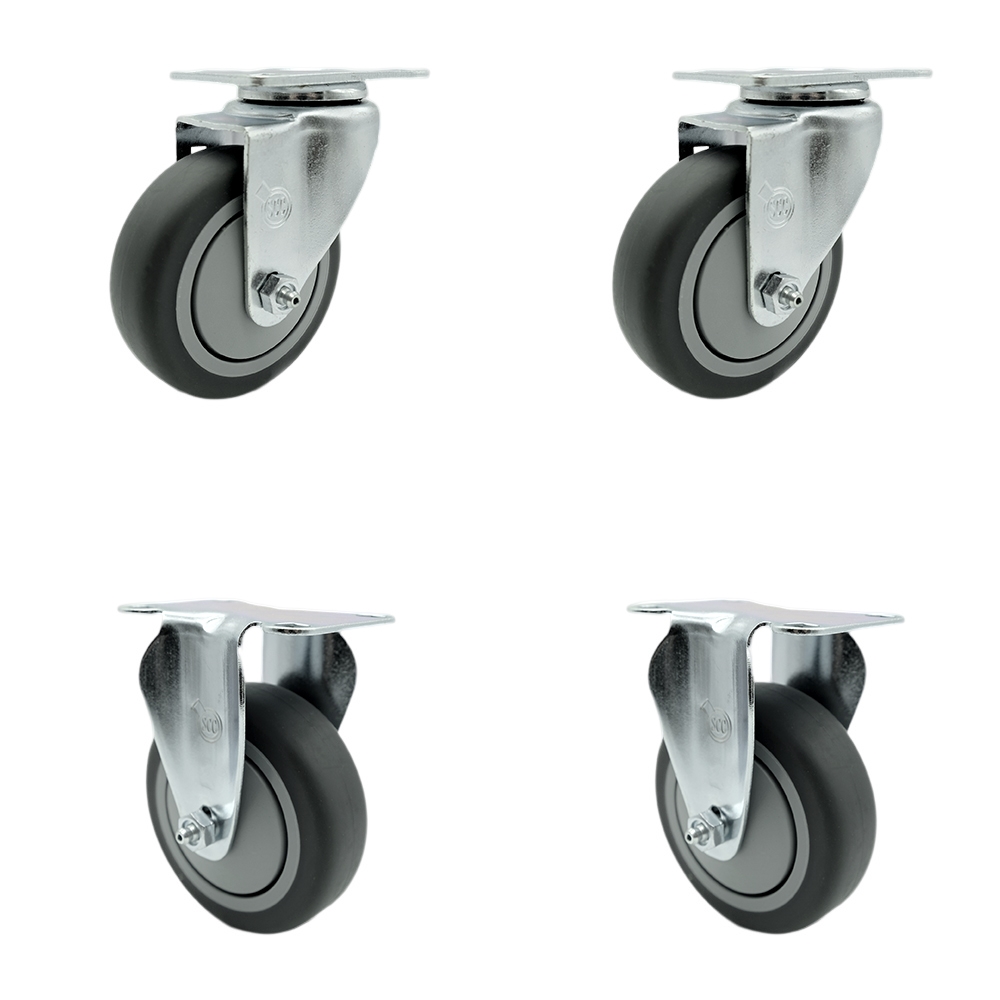 Stainless Steel Thermoplastic Rubber Swivel Top Plate Caster Set of 4 - 4" x 1.25" Gray Wheels - Includes 2 Swivel & 2 Rigid - 1,000 lbs Total Capacity - Service Caster Brand — photo 1