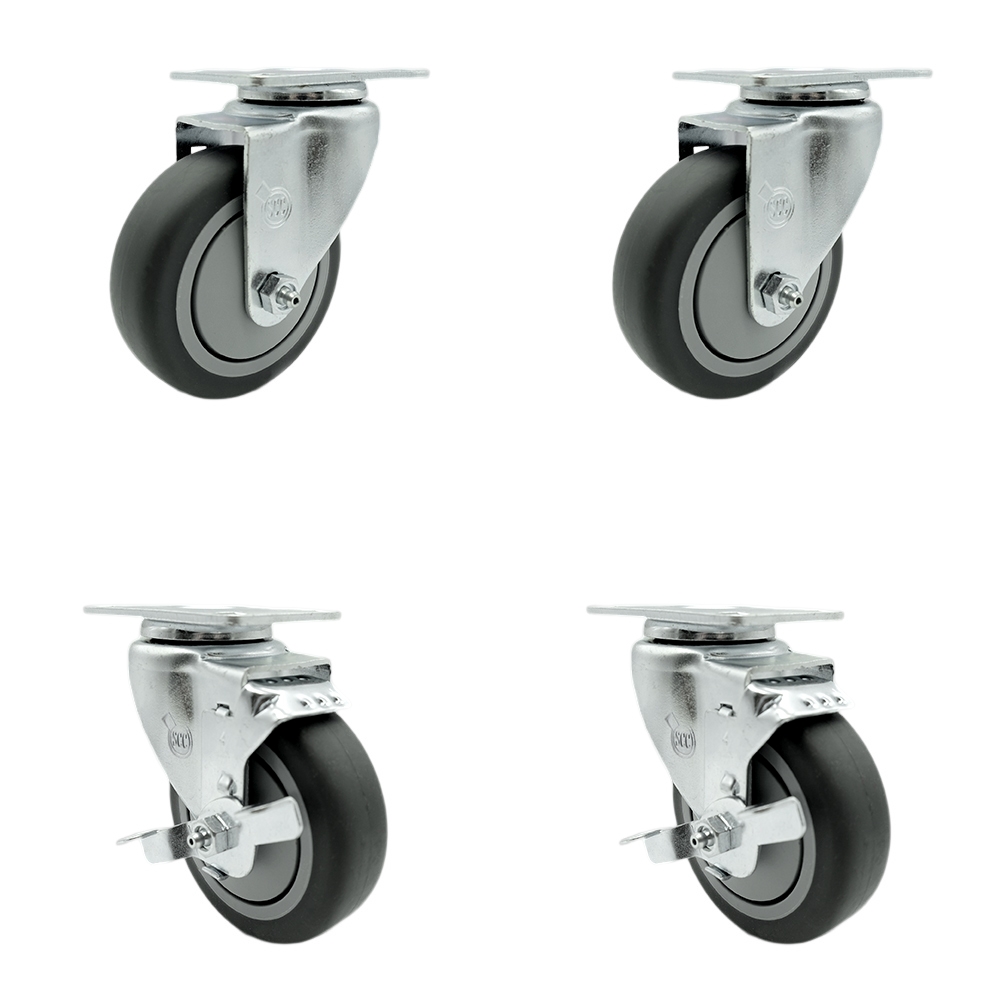 Stainless Steel Thermoplastic Rubber Swivel Top Plate Caster Set of 4 - 4" x 1.25" Gray Wheels - Includes 2 Swivel with Top Locking Brakes & 2 Swivel - 1,000 lbs Total Capacity - Service Caster Brand — photo 1