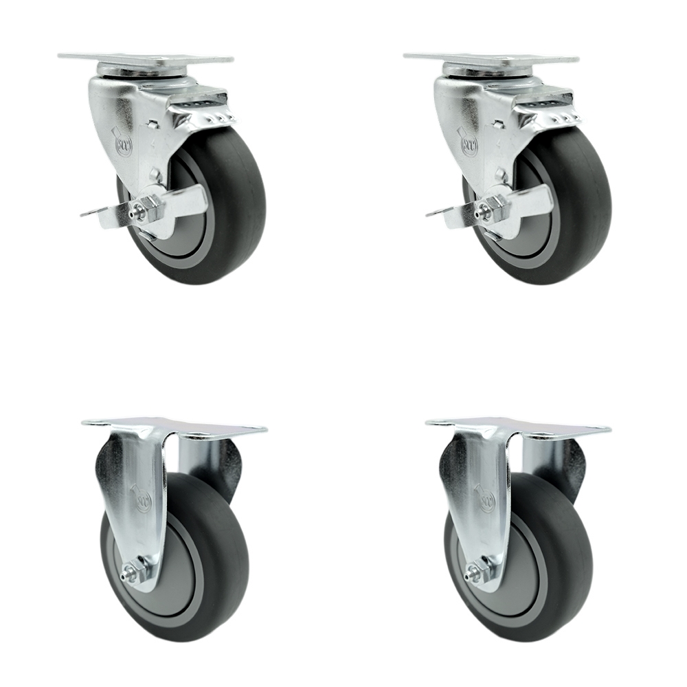 Stainless Steel Thermoplastic Rubber Swivel Top Plate Caster Set of 4 - 4" x 1.25" Gray Wheels - Includes 2 Swivel with Top Locking Brakes & 2 Rigid - 1,000 lbs Total Capacity - Service Caster Brand — photo 1