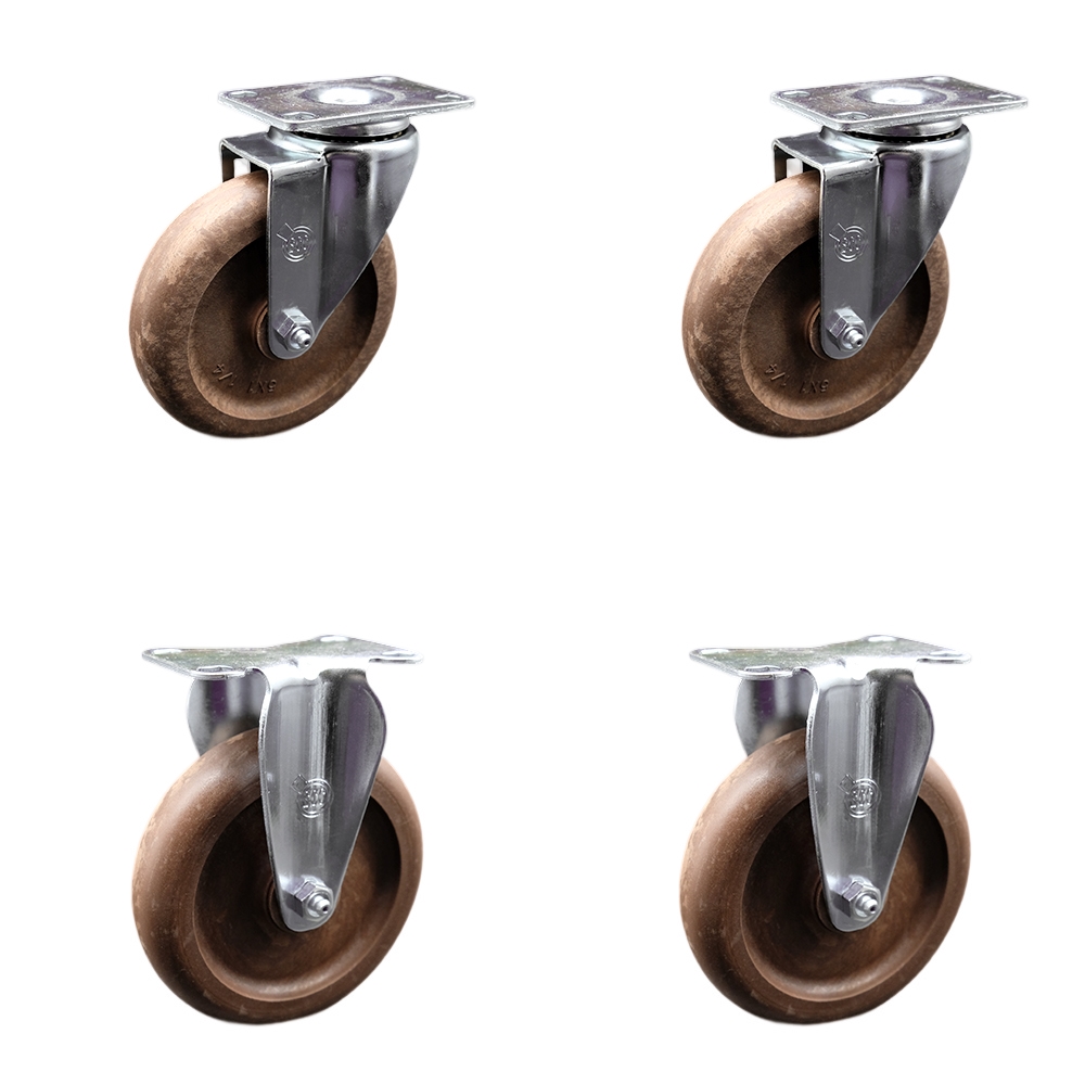 Stainless Steel High Temp Glass Filled Nylon Swivel Top Plate Caster Set of 4 w/5" x 1.25" Brown Wheels - Includes 2 Swivel & 2 Rigid - 1400 lbs Total Capacity - Service Caster Brand — photo 1