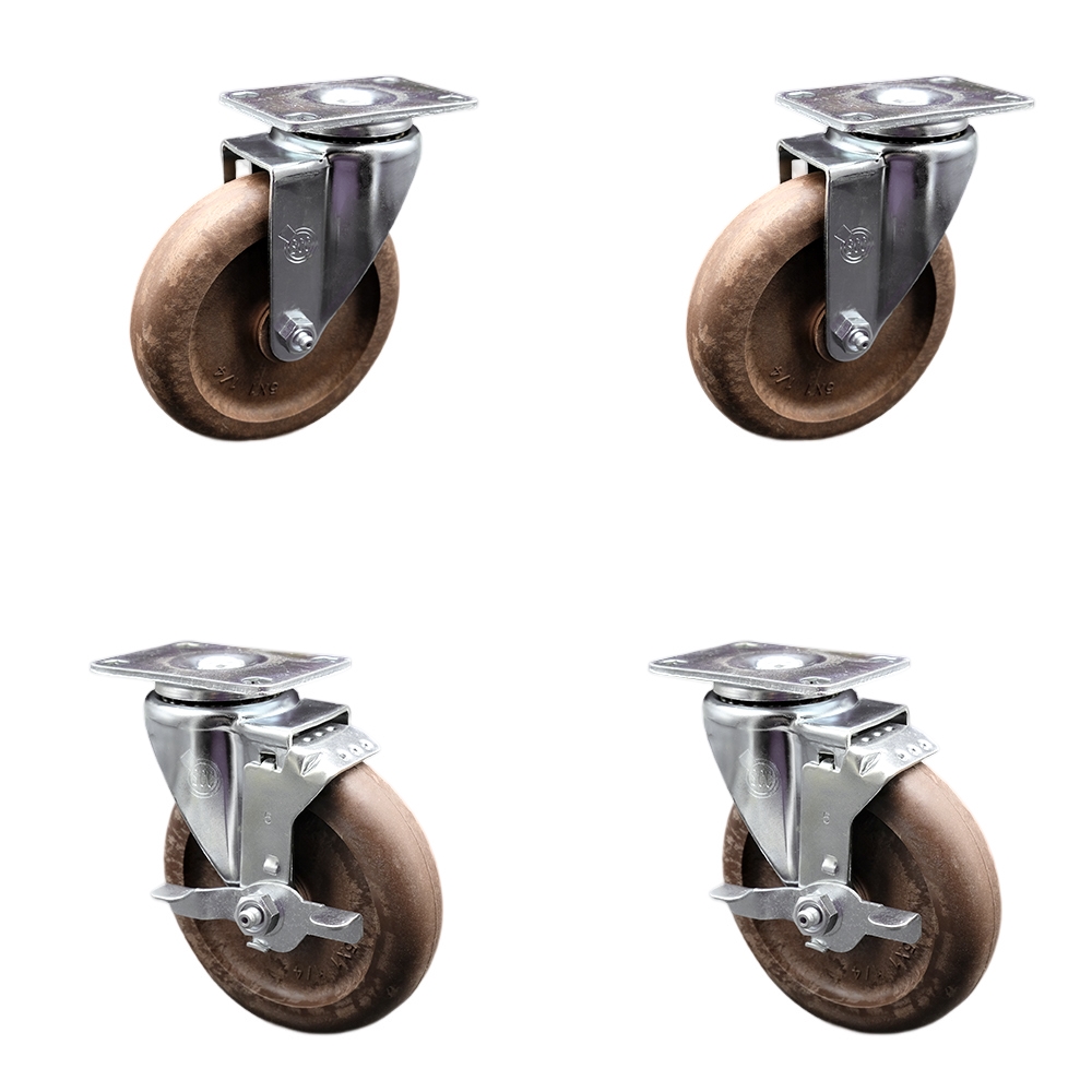 Stainless Steel High Temp Glass Filled Nylon Swivel Top Plate Caster Set 4 w/5" x 1.25" Brown Wheels - Includes 2 Swivel with Top Locking Brakes & 2 Swivel-1400 lbs Total Capacity-Service Caster Brand — photo 1