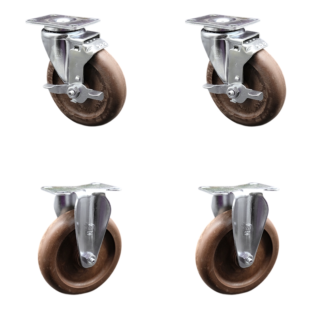 Stainless Steel High Temp Glass Filled Nylon Swivel Top Plate Caster Set of 4 w/5" x 1.25" Brown Wheels-Includes 2 Swivel with Top Locking Brakes & 2 Rigid-1400 lbs Total Capacity-Service Caster Brand — photo 1