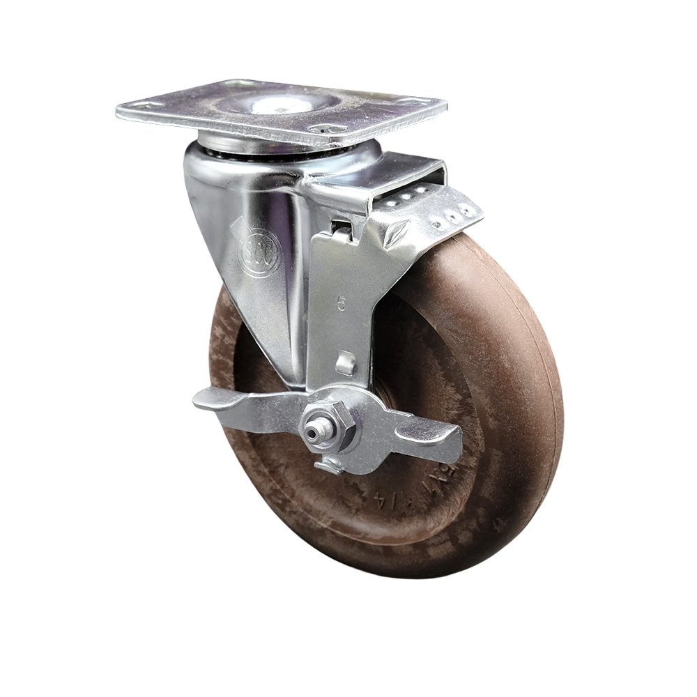 Stainless Steel High Temp Glass Filled Nylon Swivel Top Plate Swivel Caster w/5" x 1.25" Brown Wheel & Top Locking Brake - 350 lbs Capacity/Caster - Service Caster Brand — photo 1