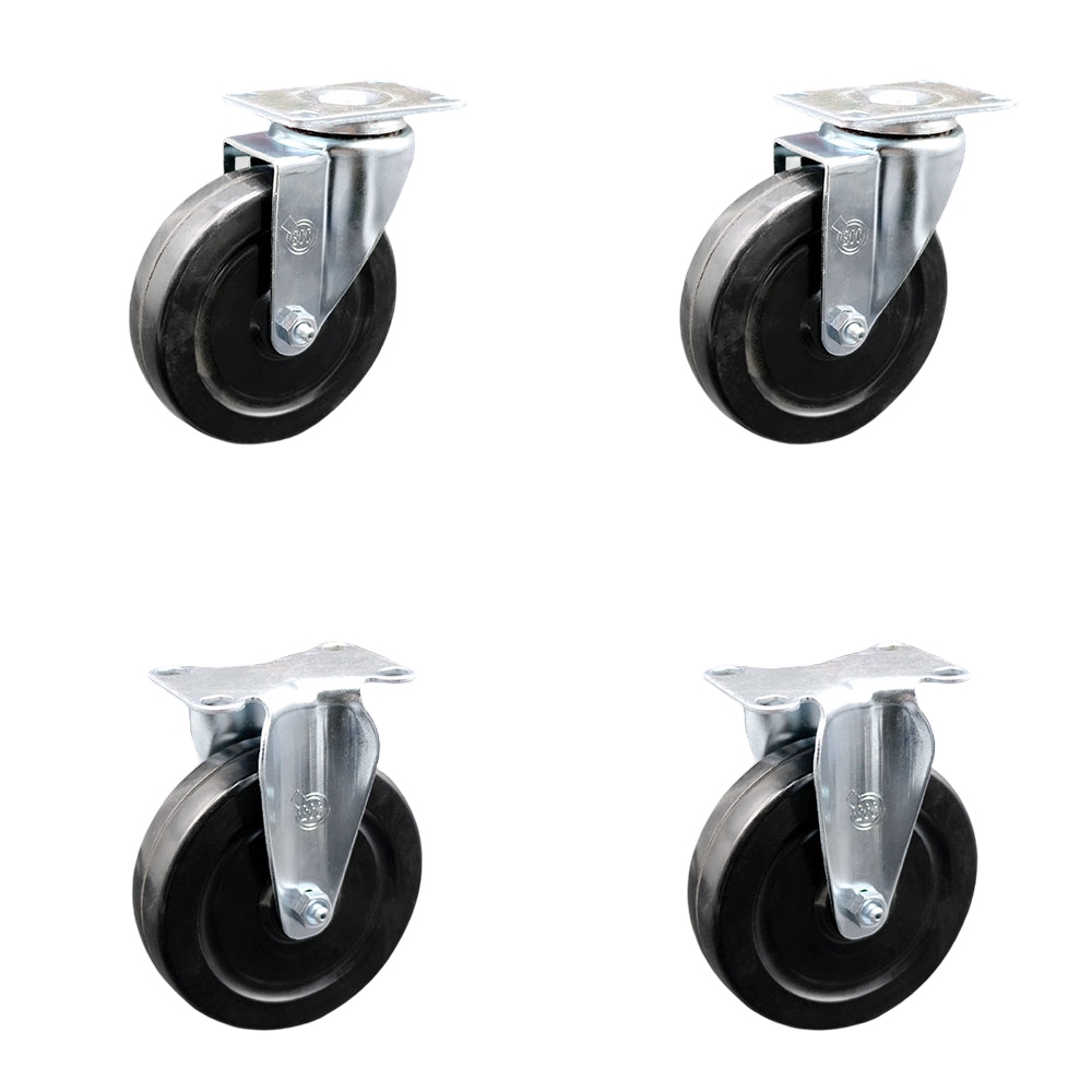 Stainless Steel Hard Rubber Swivel Top Plate Caster Set of 4 w/5" x 1.25" Black Wheels - Includes 2 Swivel & 2 Rigid - 1100 lbs Total Capacity - Service Caster Brand — photo 1