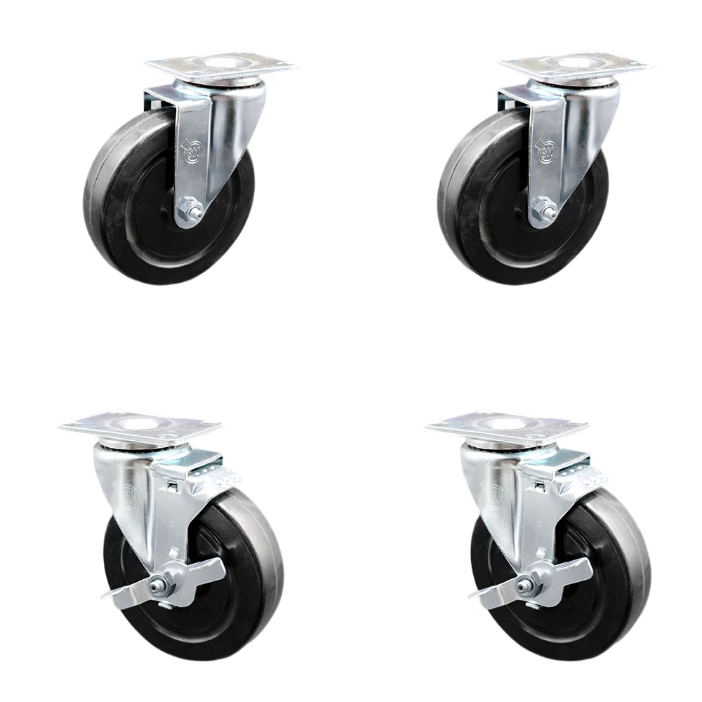 Stainless Steel Hard Rubber Swivel Top Plate Caster Set of 4 w/5" x 1.25" Black Wheels - Includes 2 Swivel with Top Locking Brakes & 2 Swivel - 1100 lbs Total Capacity - Service Caster Brand — photo 1