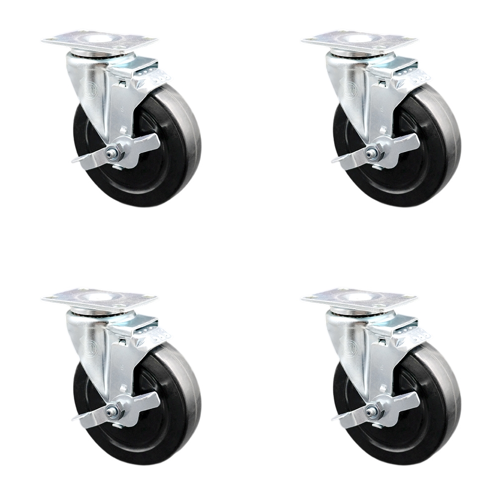 Stainless Steel Hard Rubber Swivel Top Plate Caster Set of 4 w/5" x 1.25" Black Wheels - Includes 4 Swivel with Top Lock Brakes - 1200 lbs Total Capacity - Service Caster Brand — photo 1