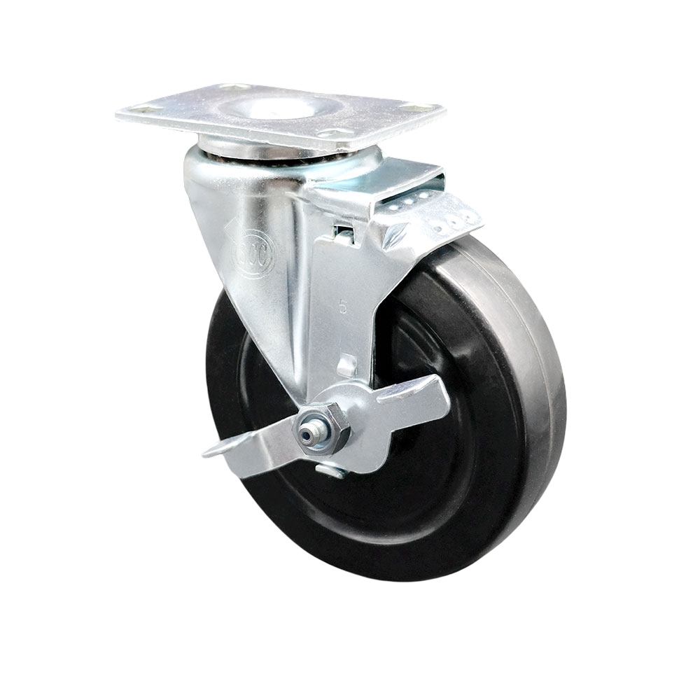 Stainless Steel Hard Rubber Swivel Top Plate Swivel Caster w/5" x 1.25" Black Wheel & Top Locking Brake - 300 lbs Capacity/Caster - Service Caster Brand — photo 1
