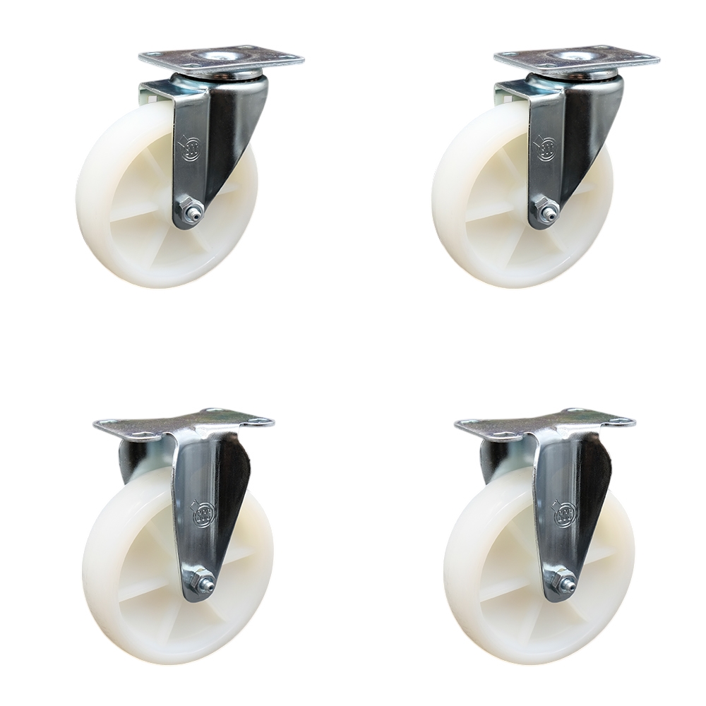 Stainless Steel Nylon Swivel Top Plate Caster Set of 4 w/5" x 1.25" White Wheels - Includes 2 Swivel & 2 Rigid - 1200 lbs Total Capacity - Service Caster Brand — photo 1
