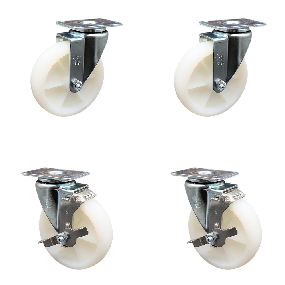 Stainless Steel Nylon Swivel Top Plate Caster Set of 4 w/5" x 1.25" White Wheels - Includes 2 Swivel with Top Locking Brakes & 2 Swivel - 1200 lbs Total Capacity - Service Caster Brand — photo 1