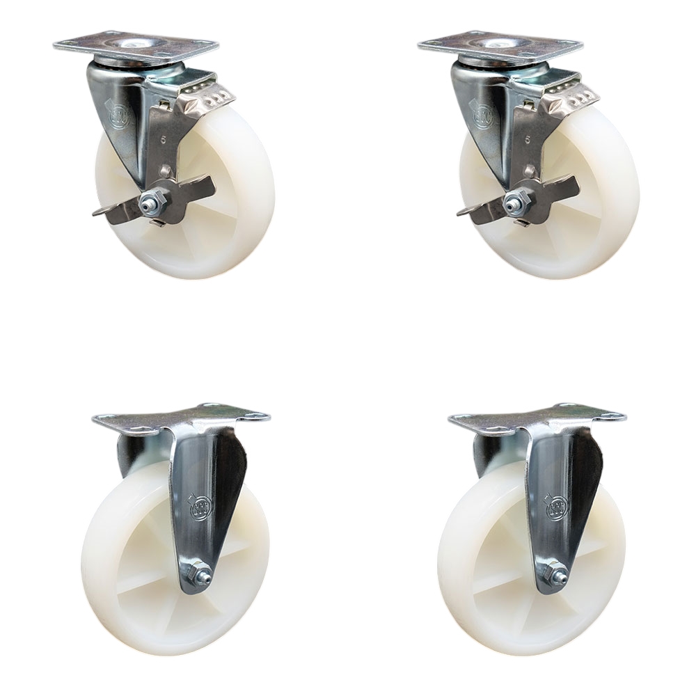 Stainless Steel Nylon Swivel Top Plate Caster Set of 4 w/5" x 1.25" White Wheels - Includes 2 Swivel with Top Locking Brakes & 2 Rigid - 1200 lbs Total Capacity - Service Caster Brand — photo 1