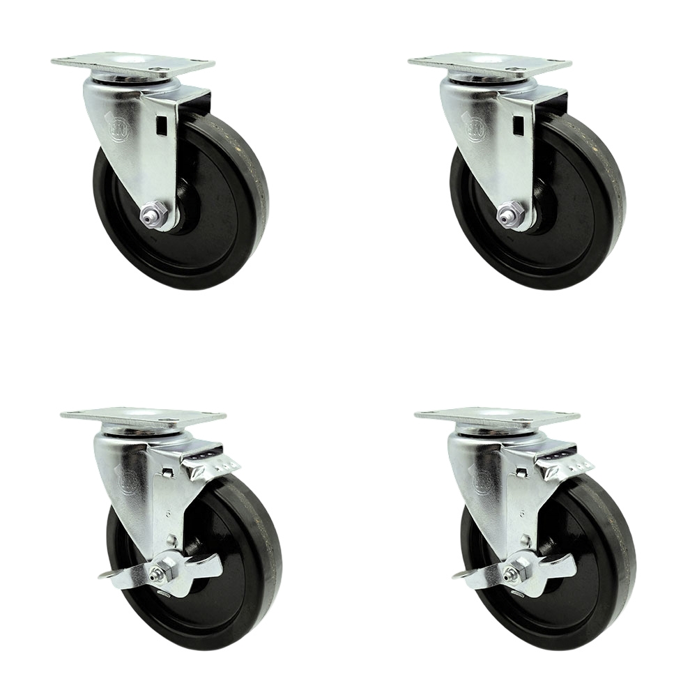 Stainless Steel Phenolic Swivel Top Plate Caster Set of 4 w/5" x 1.25" Black Wheels - Includes 2 Swivel with Top Locking Brakes & 2 Swivel - 1200 lbs Total Capacity - Service Caster Brand — photo 1