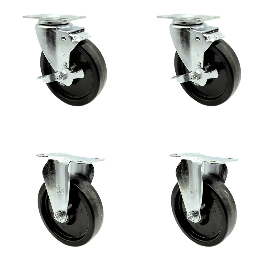 Stainless Steel Phenolic Swivel Top Plate Caster Set of 4 w/5" x 1.25" Black Wheels - Includes 2 Swivel with Top Locking Brakes & 2 Rigid - 1200 lbs Total Capacity - Service Caster Brand — photo 1