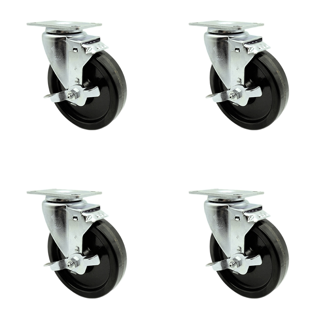 Stainless Steel Phenolic Swivel Top Plate Caster Set of 4 w/5" x 1.25" Black Wheels - Includes 4 Swivel with Top Lock Brakes - 1200 lbs Total Capacity - Service Caster Brand — photo 1