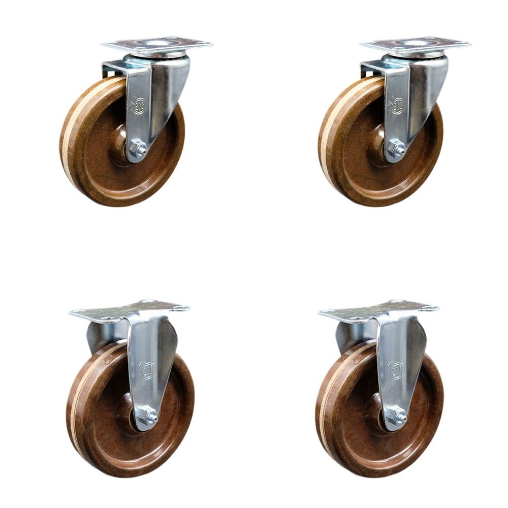 Stainless Steel High Temp Phenolic Swivel Top Plate Caster Set of 4 w/5" x 1.25" Brown Wheels - Includes 2 Swivel & 2 Rigid - 1200 lbs Total Capacity - Service Caster Brand — photo 1