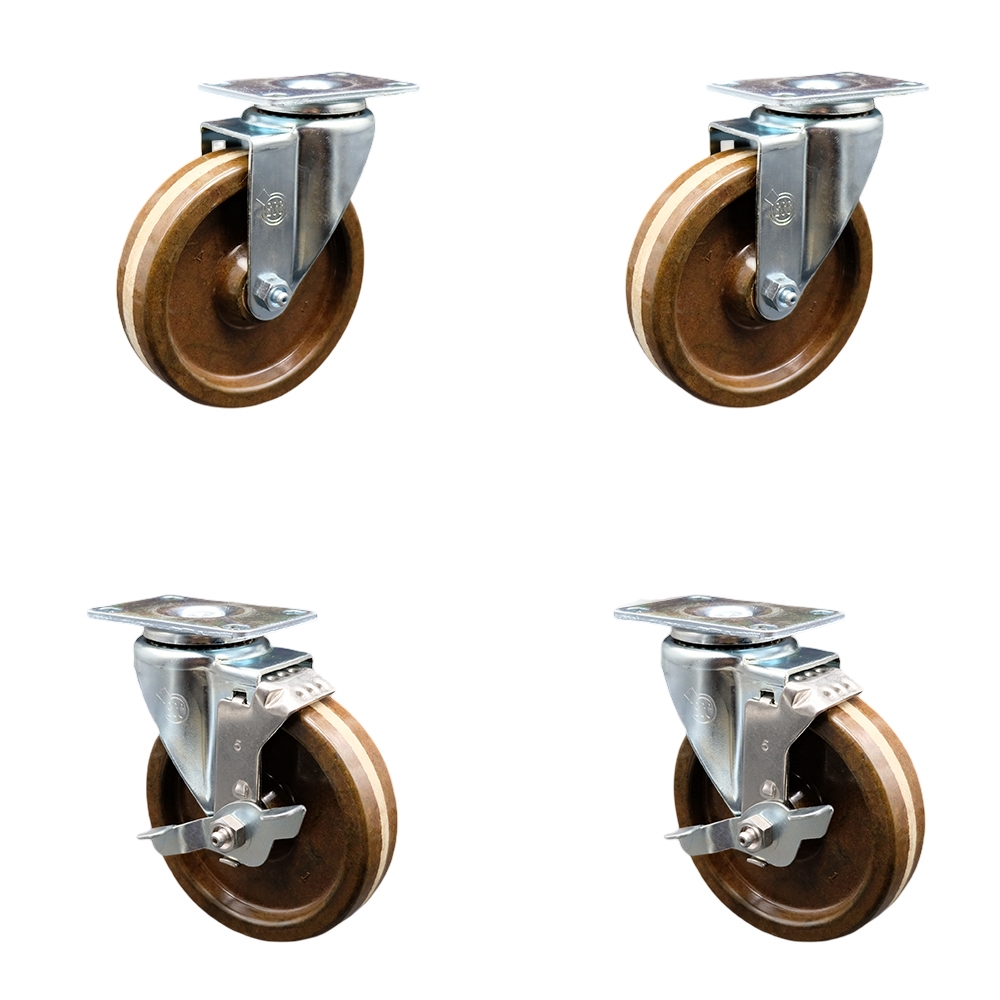 Stainless Steel High Temp Phenolic Swivel Top Plate Caster Set 4 w/5" x 1.25" Brown Wheels - Includes 2 Swivel with Top Locking Brakes & 2 Swivel-1200 lbs Total Capacity-Service Caster Brand — photo 1