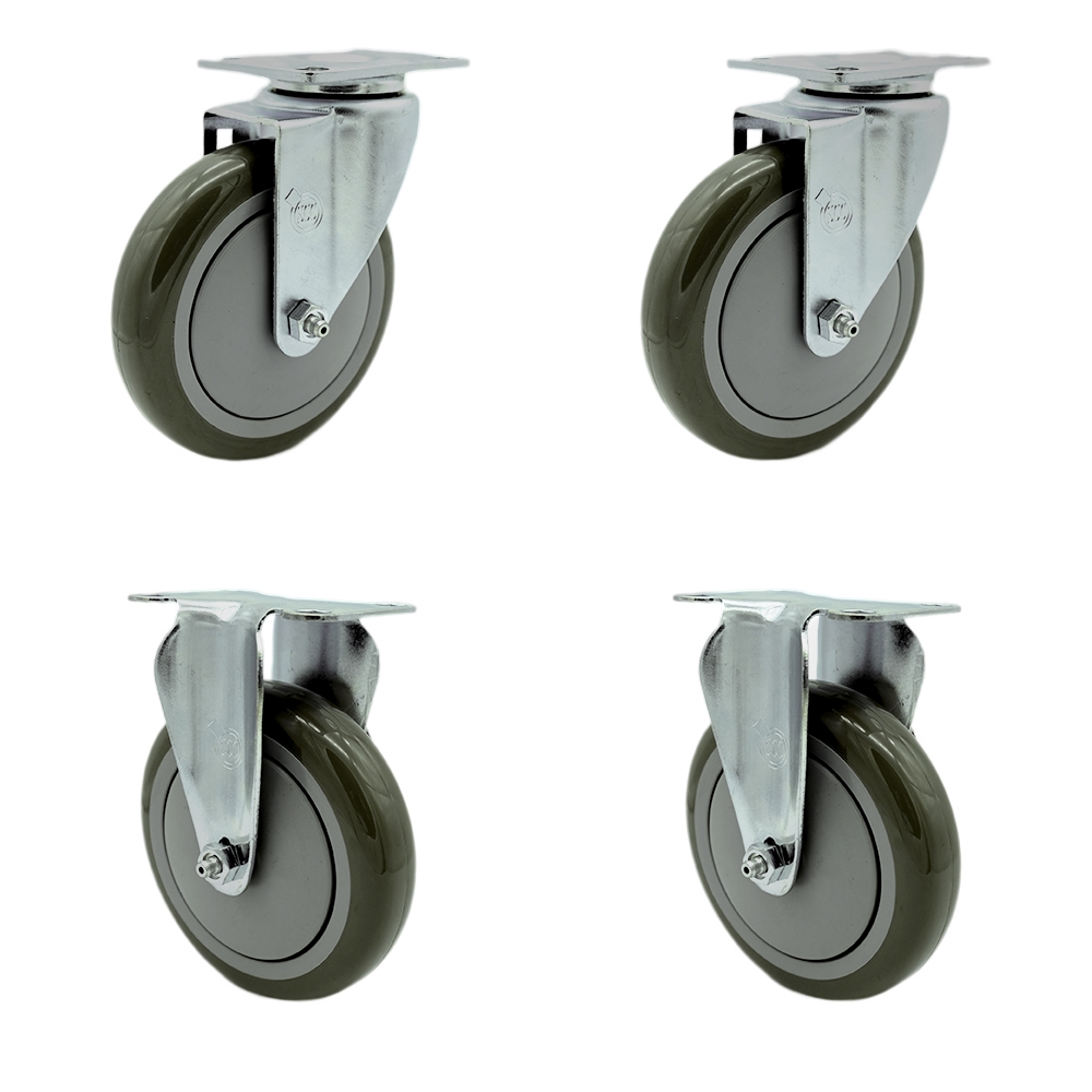 Stainless Steel Polyurethane Swivel Top Plate Caster Set of 4 w/5" x 1.25" Gray Wheels - Includes 2 Swivel & 2 Rigid - 1400 lbs Total Capacity - Service Caster Brand — photo 1