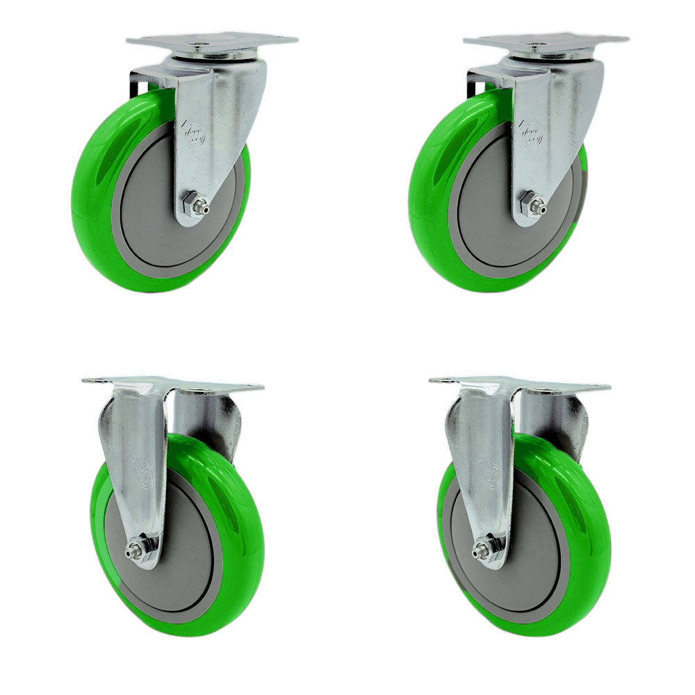 Stainless Steel Polyurethane Swivel Top Plate Caster Set of 4 w/5" x 1.25" Green Wheels - Includes 2 Swivel & 2 Rigid - 1400 lbs Total Capacity - Service Caster Brand — photo 1