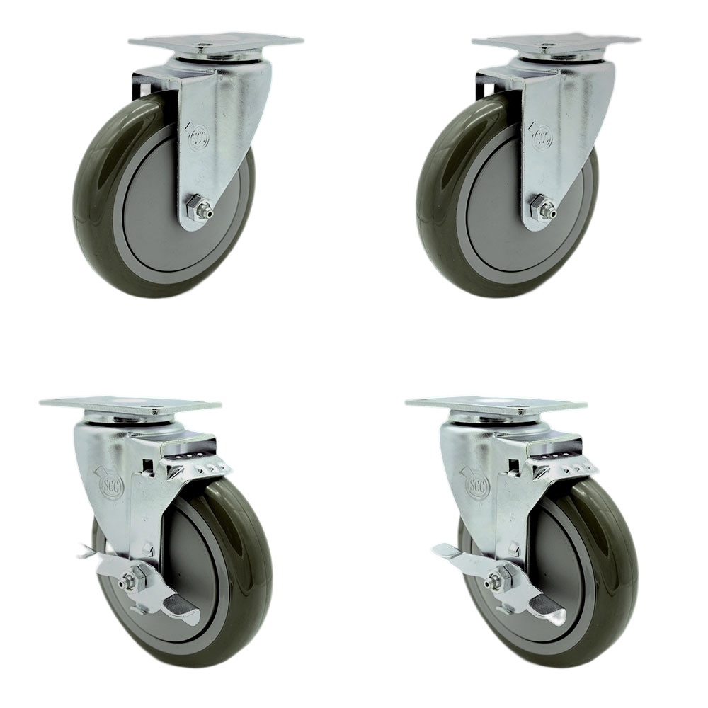 Stainless Steel Polyurethane Swivel Top Plate Caster Set of 4 w/5" x 1.25" Gray Wheels - Includes 2 Swivel with Top Locking Brakes & 2 Swivel - 1400 lbs Total Capacity - Service Caster Brand — photo 1