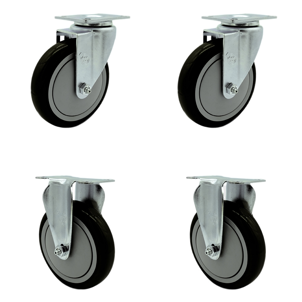 Stainless Steel Polyurethane Swivel Top Plate Caster Set of 4 w/5" x 1.25" Black Wheels - Includes 2 Swivel & 2 Rigid - 1400 lbs Total Capacity - Service Caster Brand — photo 1