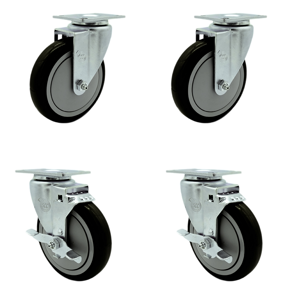 Stainless Steel Polyurethane Swivel Top Plate Caster Set of 4 w/5" x 1.25" Black Wheels - Includes 2 Swivel with Top Locking Brakes & 2 Swivel - 1400 lbs Total Capacity - Service Caster Brand — photo 1