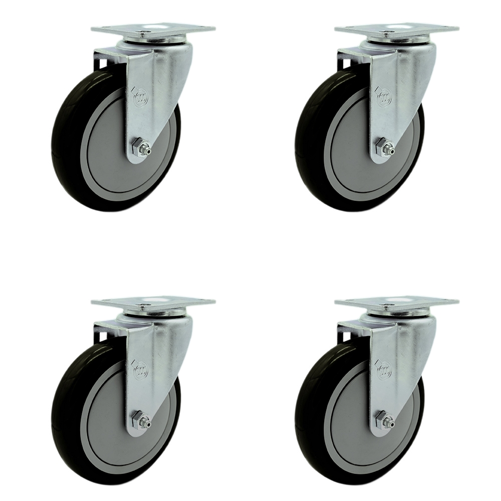 Stainless Steel Polyurethane Swivel Top Plate Caster Set of 4 w/5" x 1.25" Black Wheels - Includes 4 Swivel - 1400 lbs Total Capacity - Service Caster Brand — photo 1