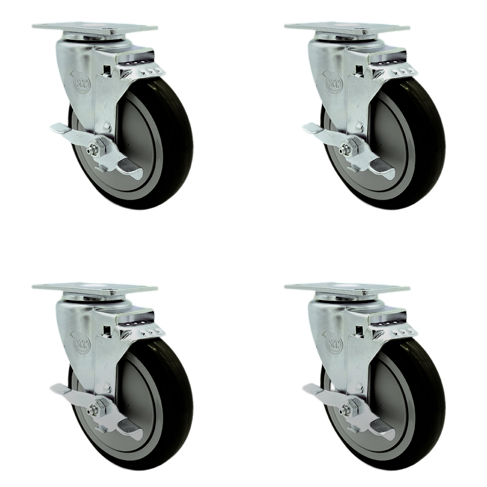 Stainless Steel Polyurethane Swivel Top Plate Caster Set of 4 w/5" x 1.25" Black Wheels - Includes 4 Swivel with Top Lock Brakes - 1400 lbs Total Capacity - Service Caster Brand — photo 1
