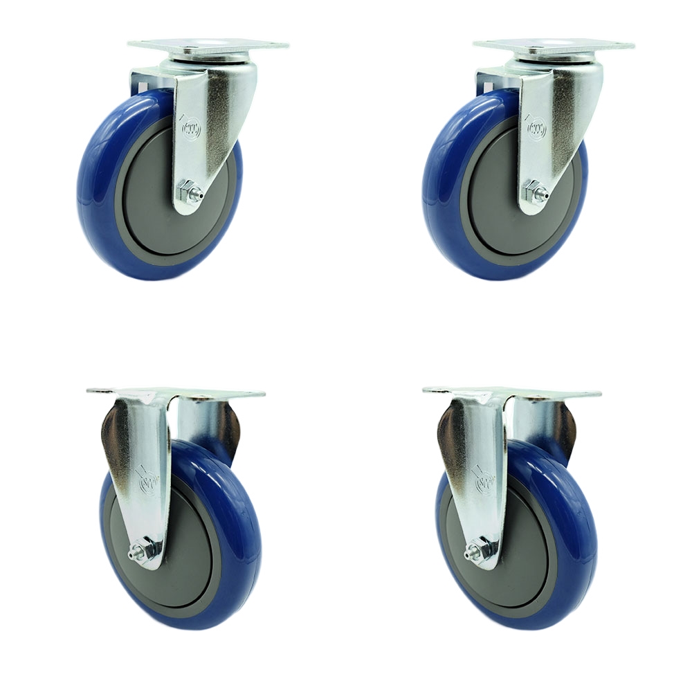 Stainless Steel Polyurethane Swivel Top Plate Caster Set of 4 w/5" x 1.25" Blue Wheels - Includes 2 Swivel & 2 Rigid - 1400 lbs Total Capacity - Service Caster Brand — photo 1