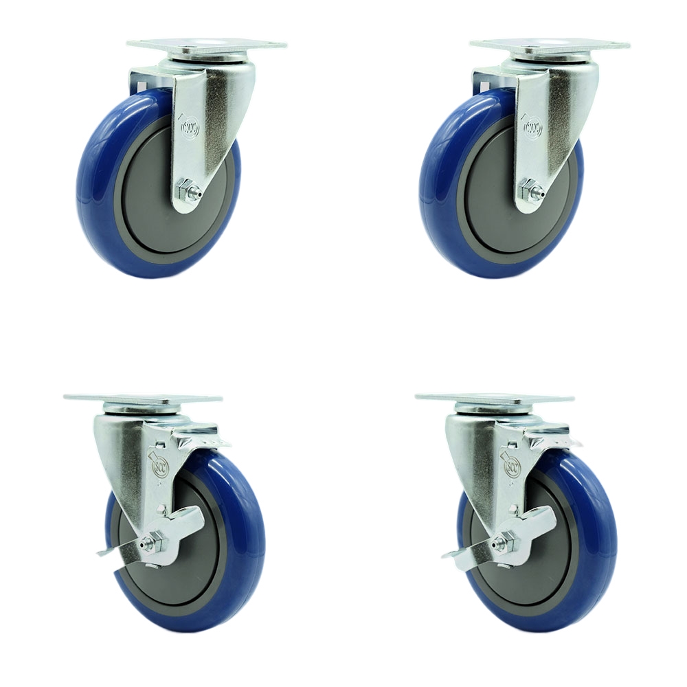 Stainless Steel Polyurethane Swivel Top Plate Caster Set of 4 w/5" x 1.25" Blue Wheels - Includes 2 Swivel with Top Locking Brakes & 2 Swivel - 1400 lbs Total Capacity - Service Caster Brand — photo 1