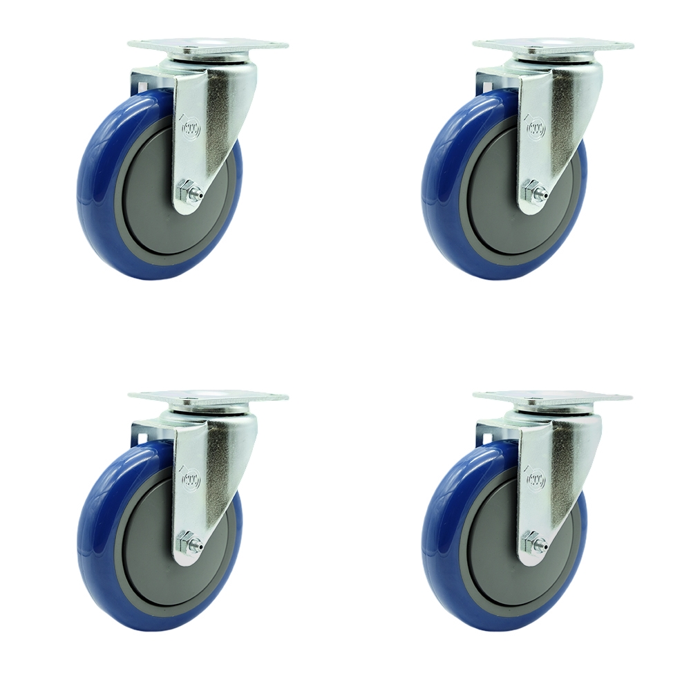 Stainless Steel Polyurethane Swivel Top Plate Caster Set of 4 w/5" x 1.25" Blue Wheels - Includes 4 Swivel - 1400 lbs Total Capacity - Service Caster Brand — photo 1
