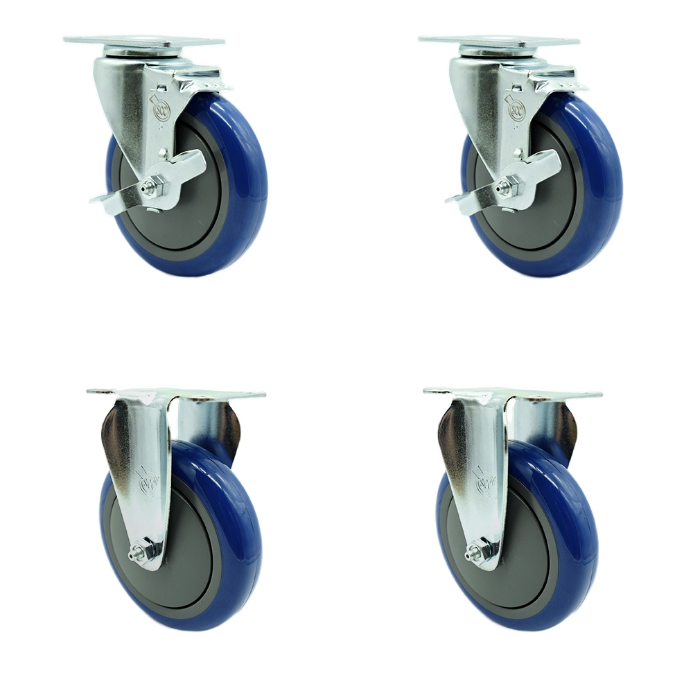 Stainless Steel Polyurethane Swivel Top Plate Caster Set of 4 w/5" x 1.25" Blue Wheels - Includes 2 Swivel with Top Locking Brakes & 2 Rigid - 1400 lbs Total Capacity - Service Caster Brand — photo 1