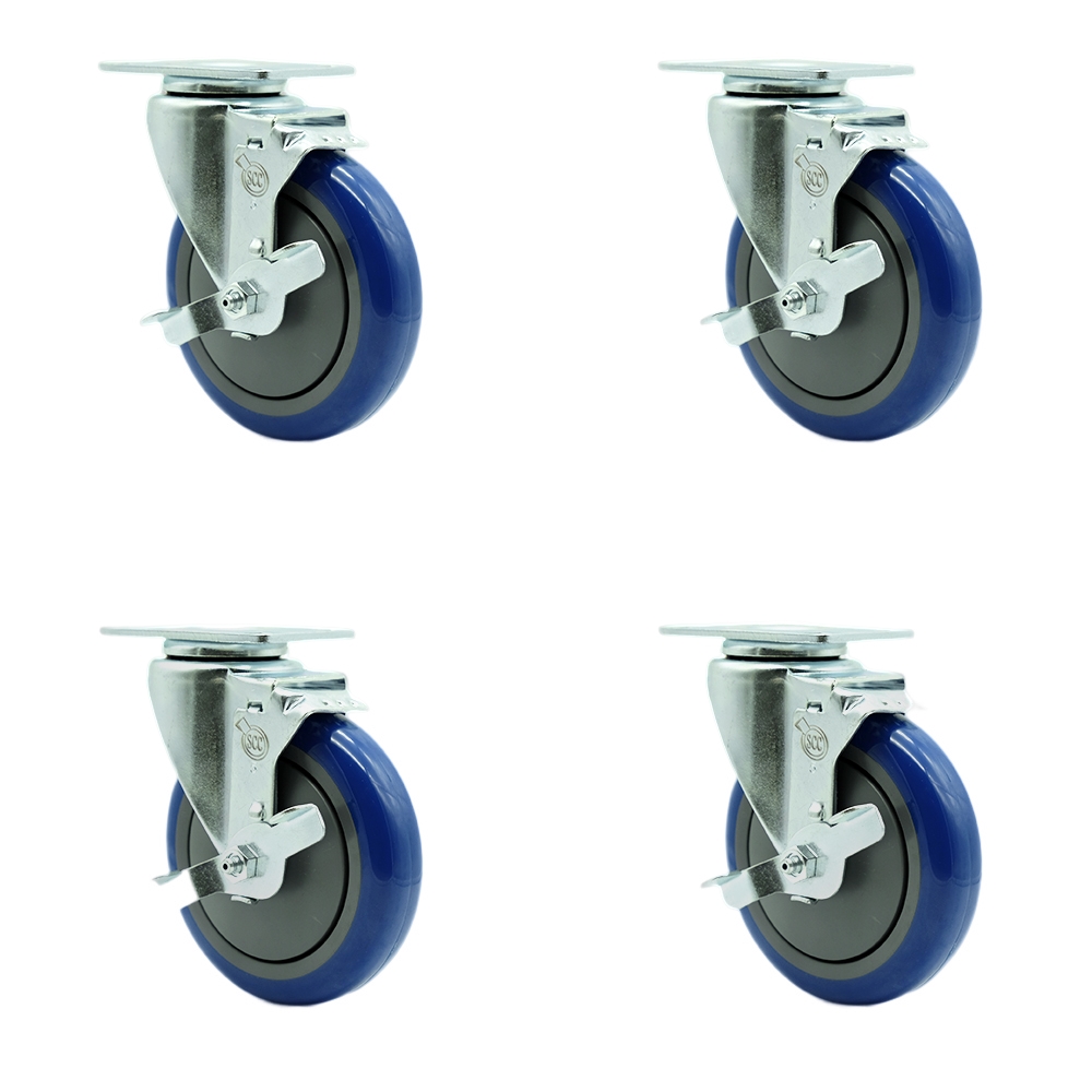 Stainless Steel Polyurethane Swivel Top Plate Caster Set of 4 w/5" x 1.25" Blue Wheels - Includes 4 Swivel with Top Lock Brakes - 1400 lbs Total Capacity - Service Caster Brand — photo 1