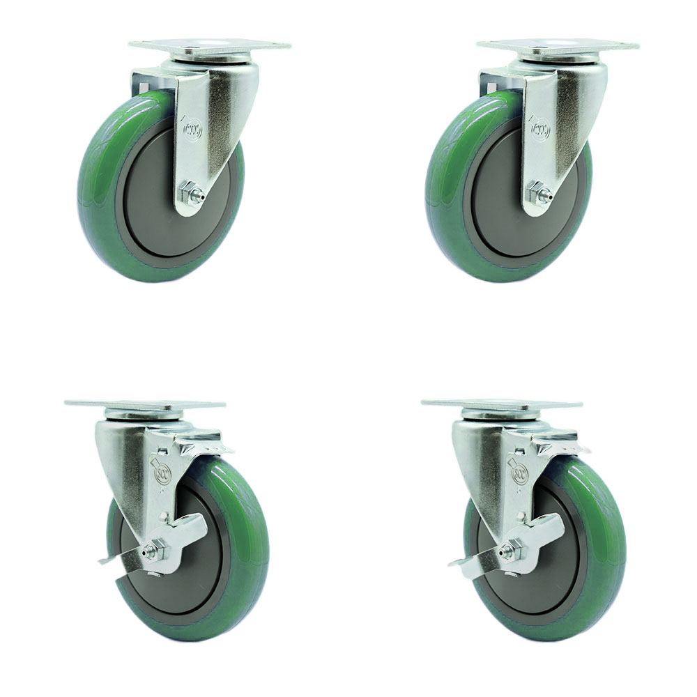 Stainless Steel Polyurethane Swivel Top Plate Caster Set of 4 w/5" x 1.25" Green Wheels - Includes 2 Swivel with Top Locking Brakes & 2 Swivel - 1400 lbs Total Capacity - Service Caster Brand — photo 1