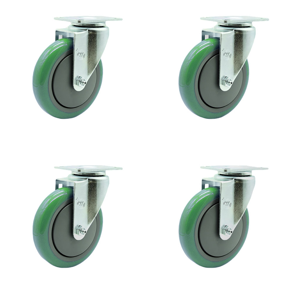 Stainless Steel Polyurethane Swivel Top Plate Caster Set of 4 w/5" x 1.25" Green Wheels - Includes 4 Swivel - 1400 lbs Total Capacity - Service Caster Brand — photo 1