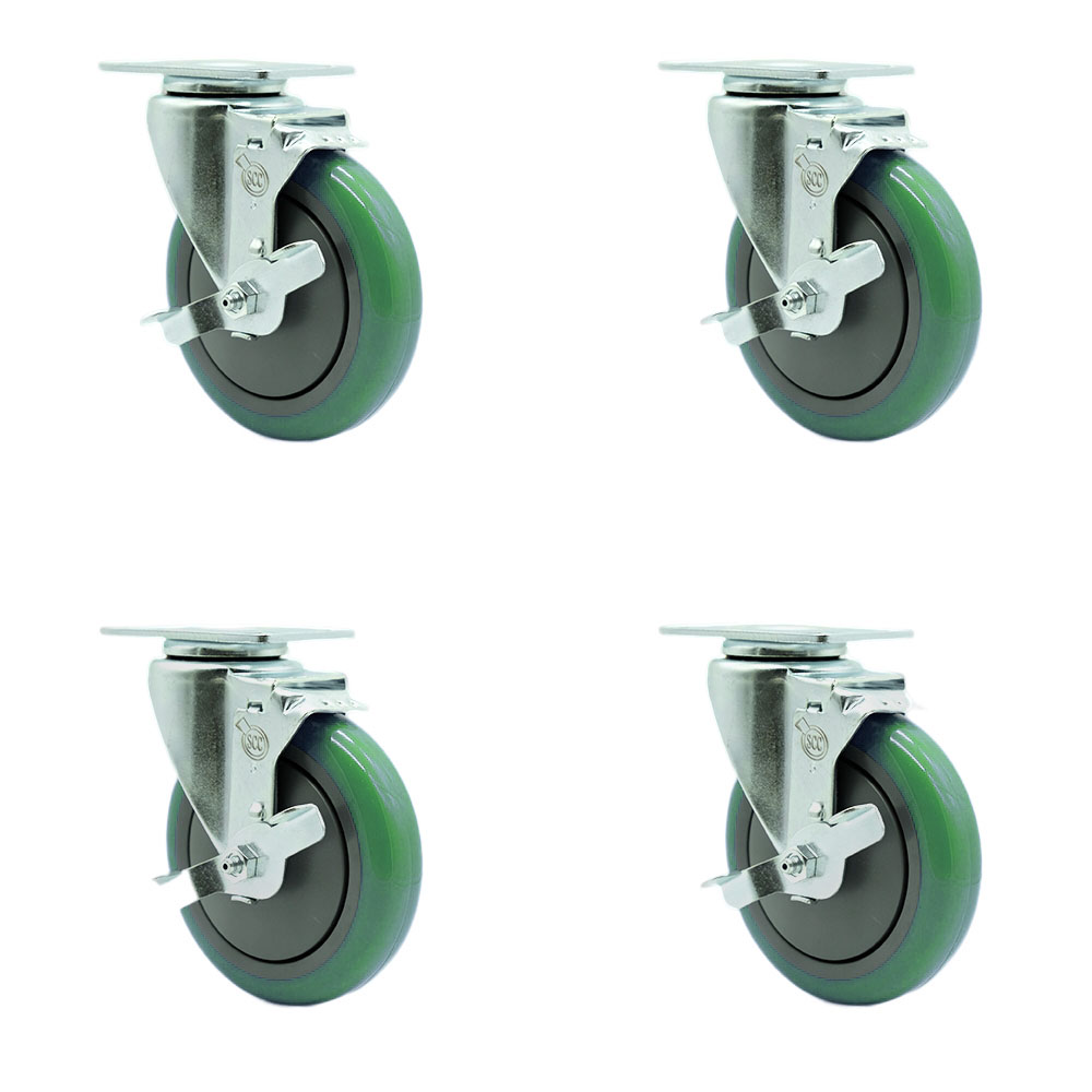 Stainless Steel Polyurethane Swivel Top Plate Caster Set of 4 w/5" x 1.25" Green Wheels - Includes 4 Swivel with Top Lock Brakes - 1400 lbs Total Capacity - Service Caster Brand — photo 1