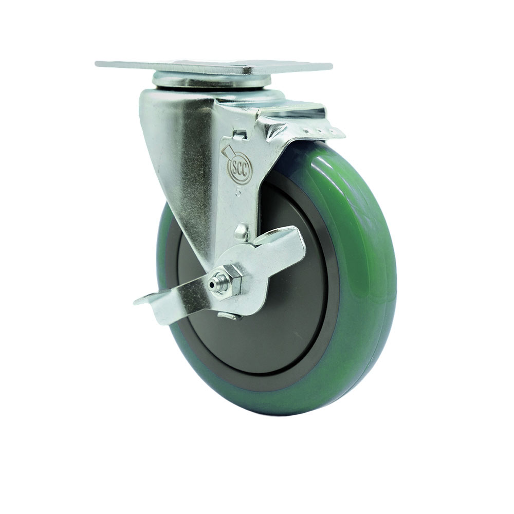 Service Caster Brand Replacement Caster for Uline Caster H-7449SWB-Stainless Steel Swivel Top Plate Caster with 5 Inch Green Polyurethane Wheel and Top Lock Brake-Fits Carts and Platform Trucks H-6348