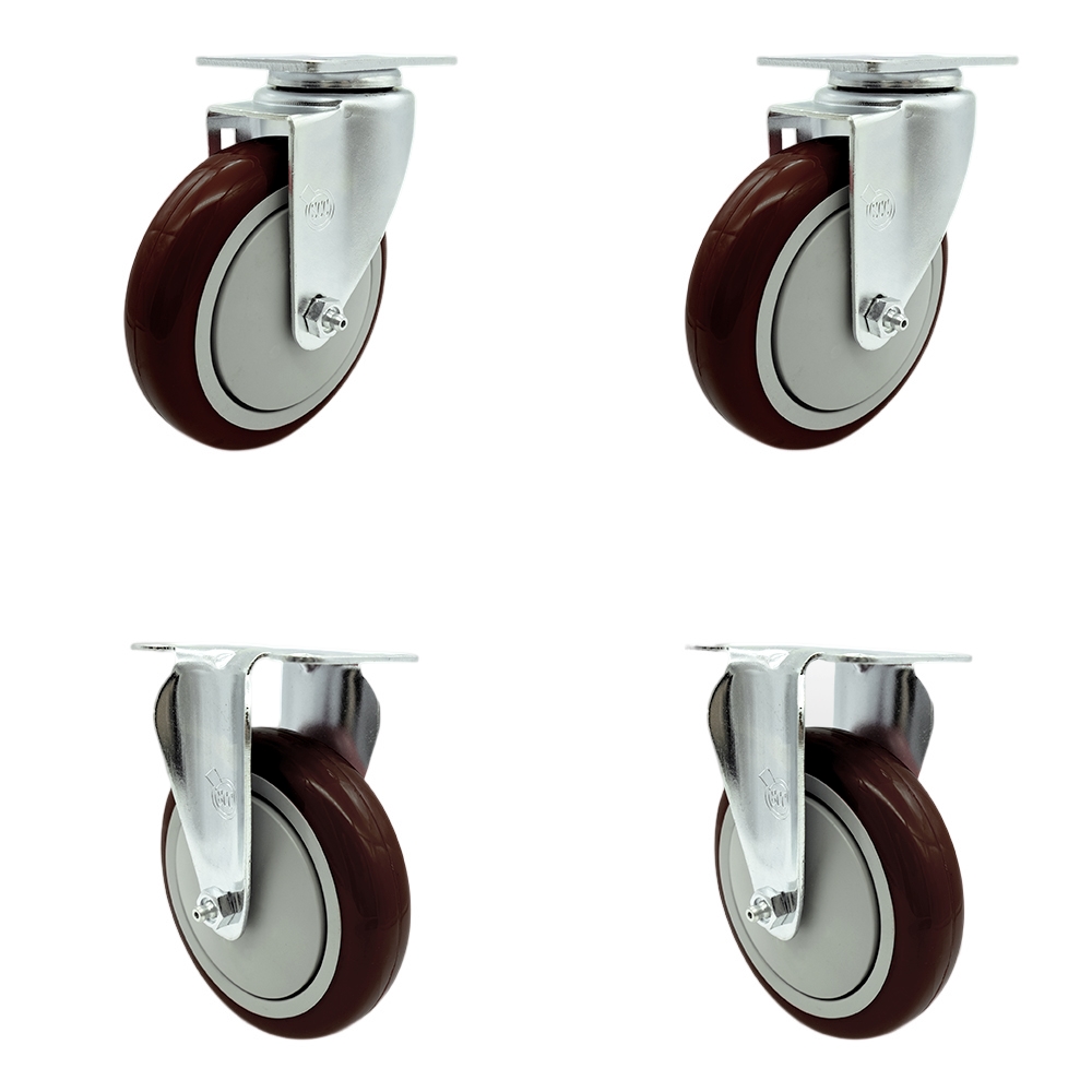 Stainless Steel Polyurethane Swivel Top Plate Caster Set of 4 w/5" x 1.25" Maroon Wheels - Includes 2 Swivel & 2 Rigid - 1400 lbs Total Capacity - Service Caster Brand — photo 1