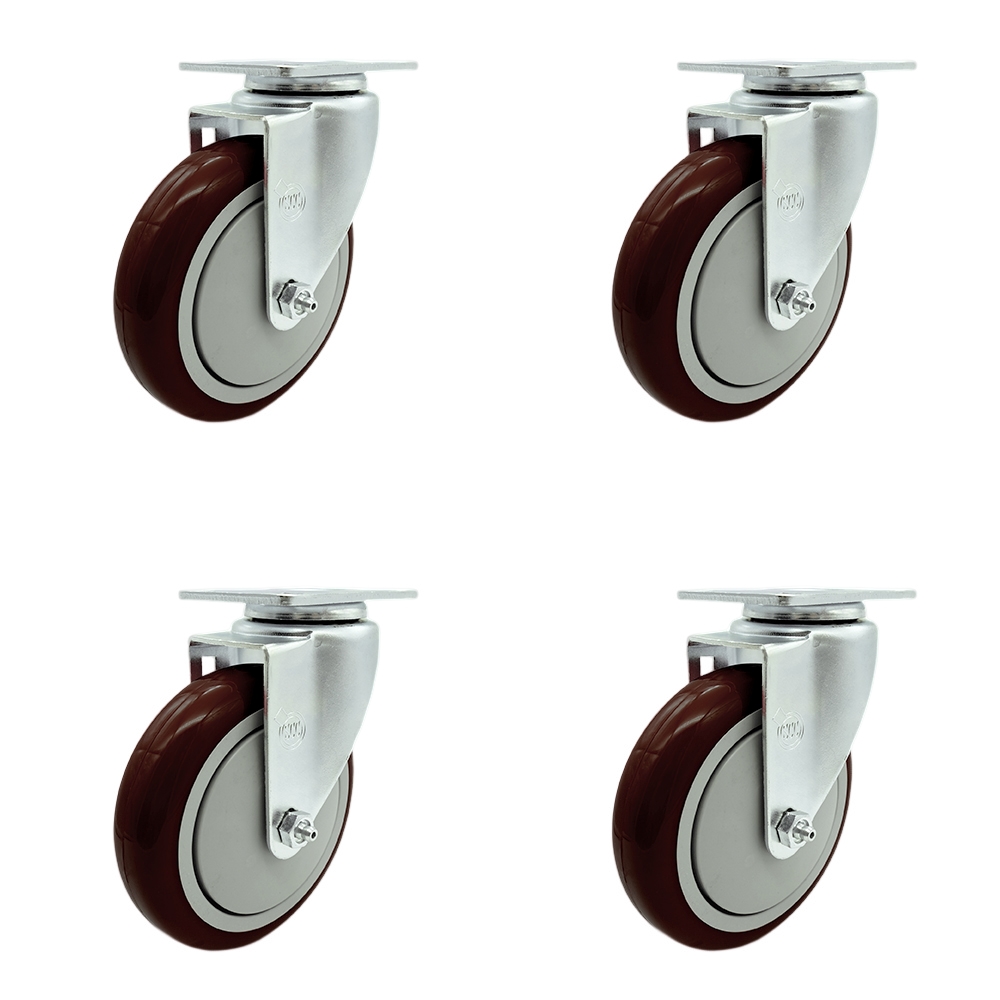 Stainless Steel Polyurethane Swivel Top Plate Caster Set of 4 w/5" x 1.25" Maroon Wheels - Includes 4 Swivel - 1400 lbs Total Capacity - Service Caster Brand — photo 1