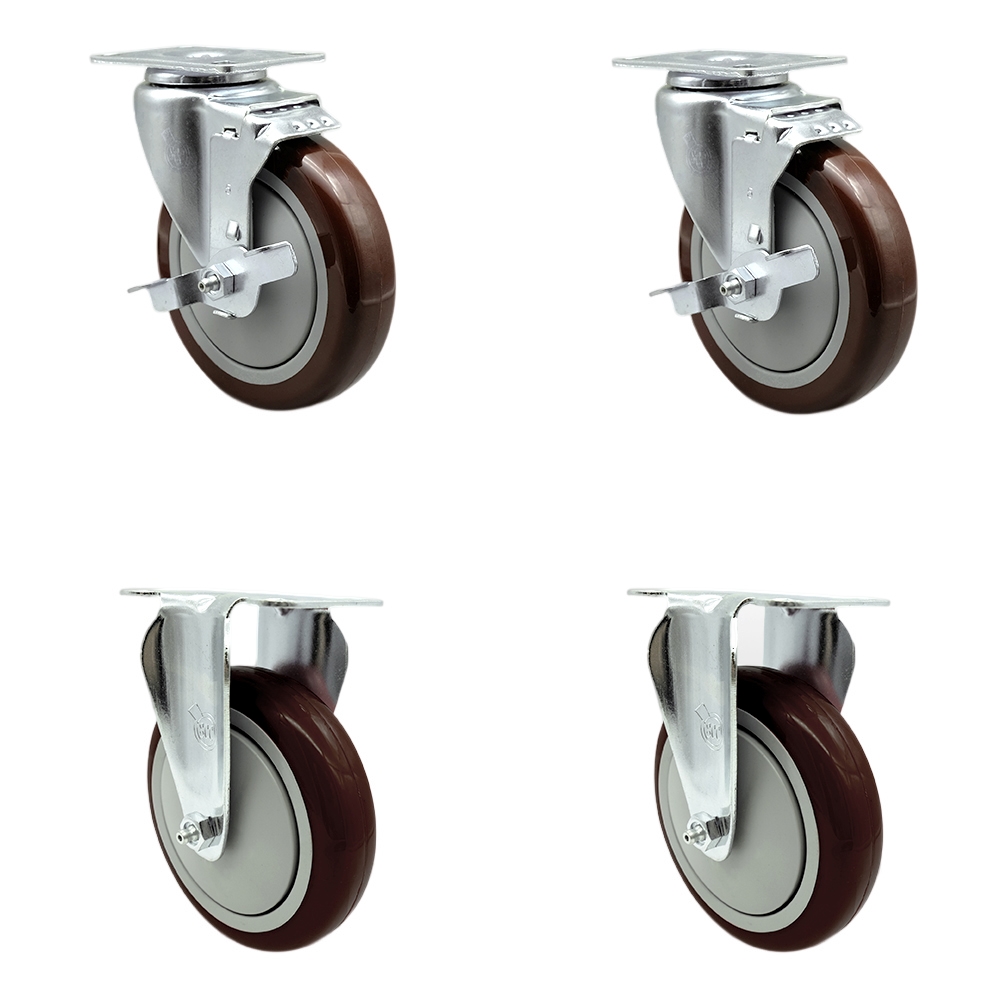 Stainless Steel Polyurethane Swivel Top Plate Caster Set of 4 w/5" x 1.25" Maroon Wheels - Includes 2 Swivel with Top Locking Brakes & 2 Rigid - 1400 lbs Total Capacity - Service Caster Brand — photo 1