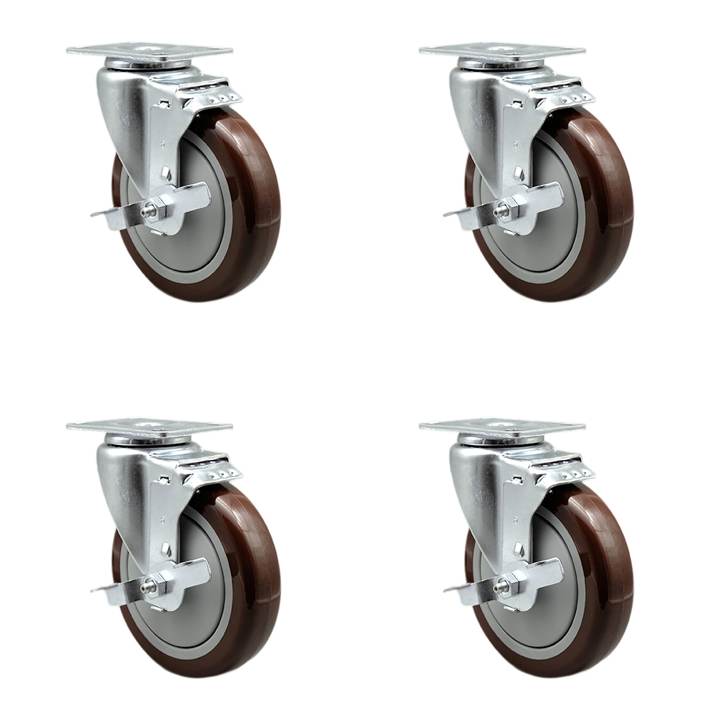 Stainless Steel Polyurethane Swivel Top Plate Caster Set of 4 w/5" x 1.25" Maroon Wheels - Includes 4 Swivel with Top Lock Brakes - 1400 lbs Total Capacity - Service Caster Brand — photo 1
