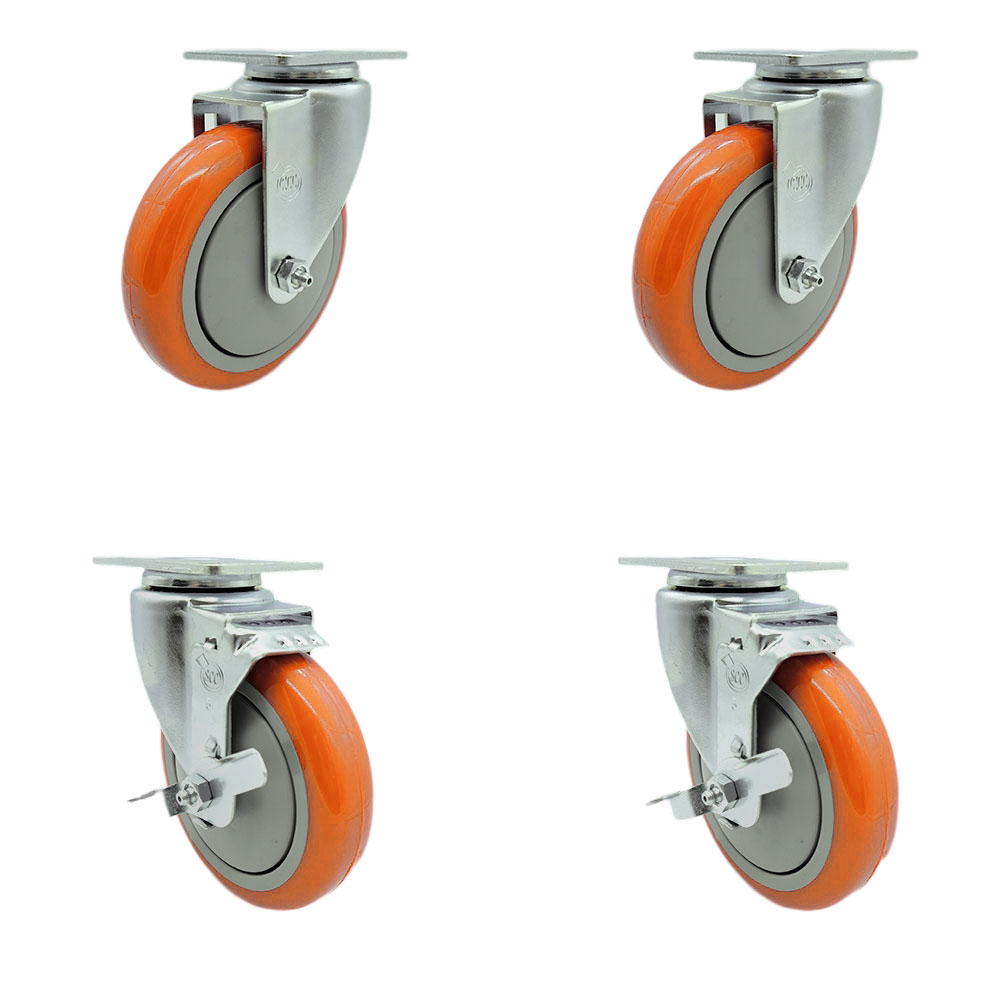 Stainless Steel Polyurethane Swivel Top Plate Caster Set of 4 w/5" x 1.25" Orange Wheels - Includes 2 Swivel with Top Locking Brakes & 2 Swivel - 1400 lbs Total Capacity - Service Caster Brand — photo 1