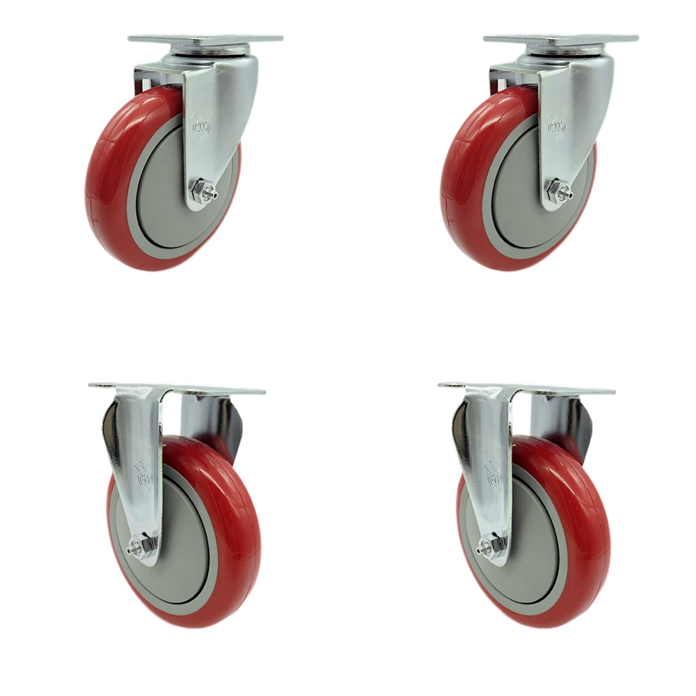 Stainless Steel Polyurethane Swivel Top Plate Caster Set of 4 w/5" x 1.25" Red Wheels - Includes 2 Swivel & 2 Rigid - 1400 lbs Total Capacity - Service Caster Brand — photo 1
